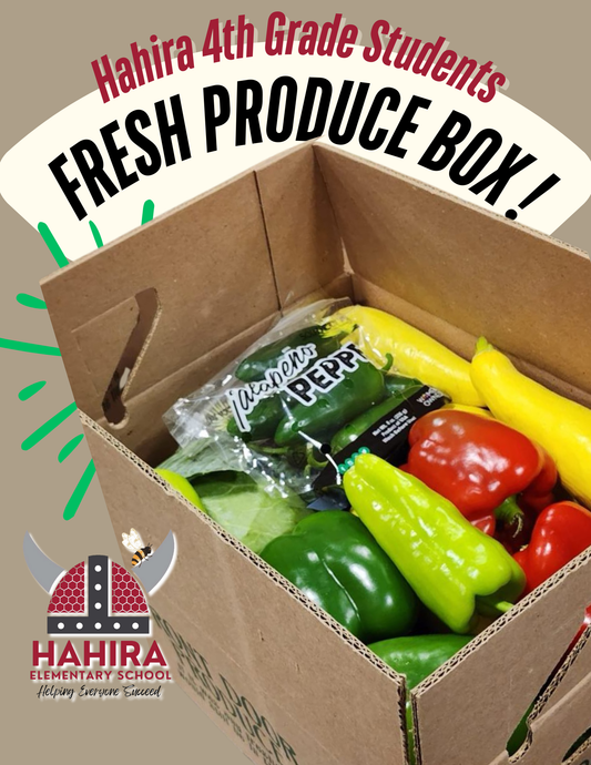 A fresh vegetable box for the Hahira 4th Grade fundraiser, featuring colorful produce and fundraiser details.